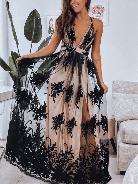 Dresses & Skirts - Black lace long Floral Maxi Dress with Deep V